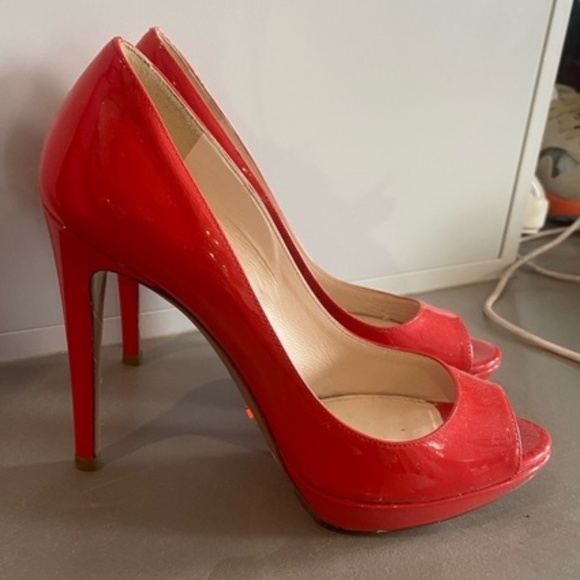 Prada Red Patent Peep-Toe Pumps - Picture 2 of 9